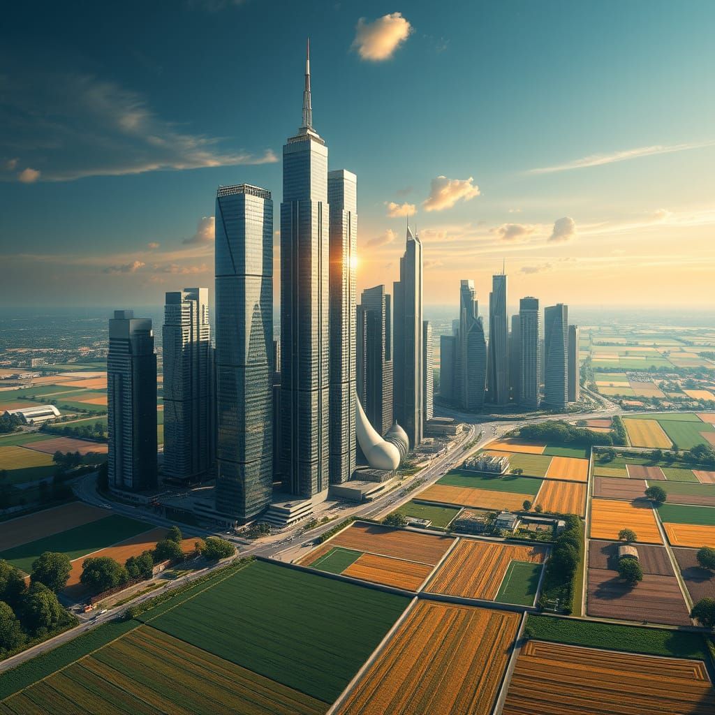Cosmic Metropolis: Urban Skyscrapers Amidst Farm Fields in O...