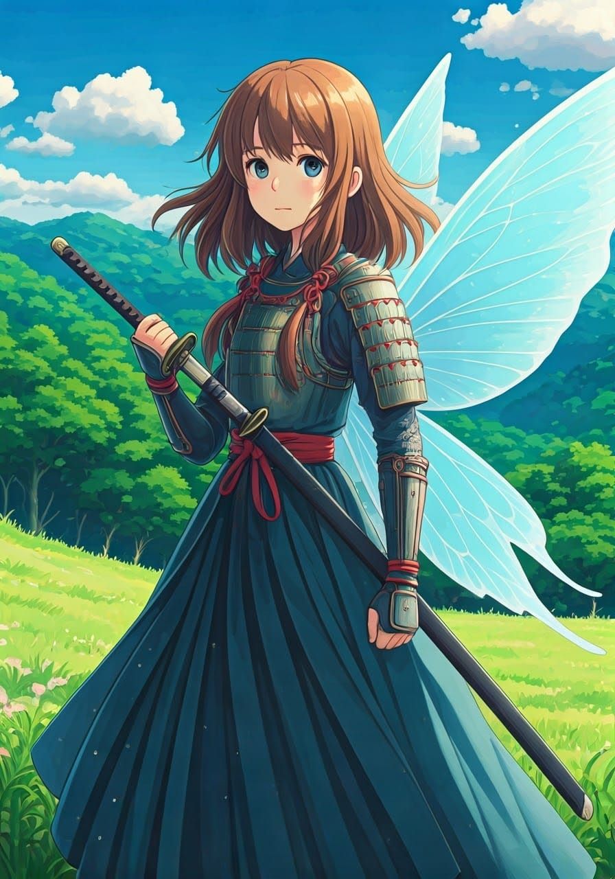 Anime Fairy Warrior with Katana in Ghibli Style