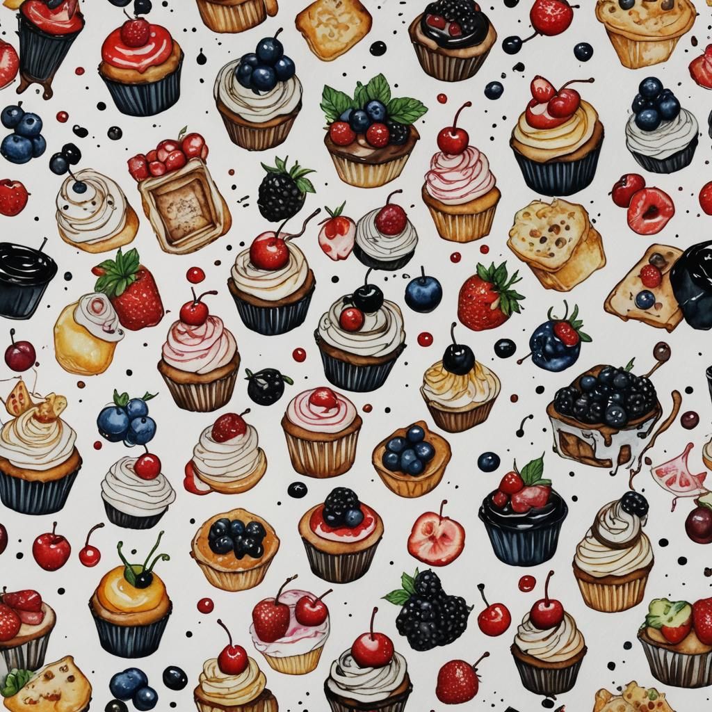 Watercolor Dessert in Ink Drawing Style