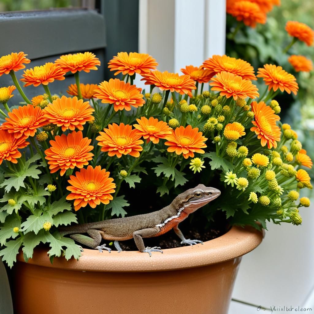 Anole Lizard Among Orange Chrysanthemums on Porch