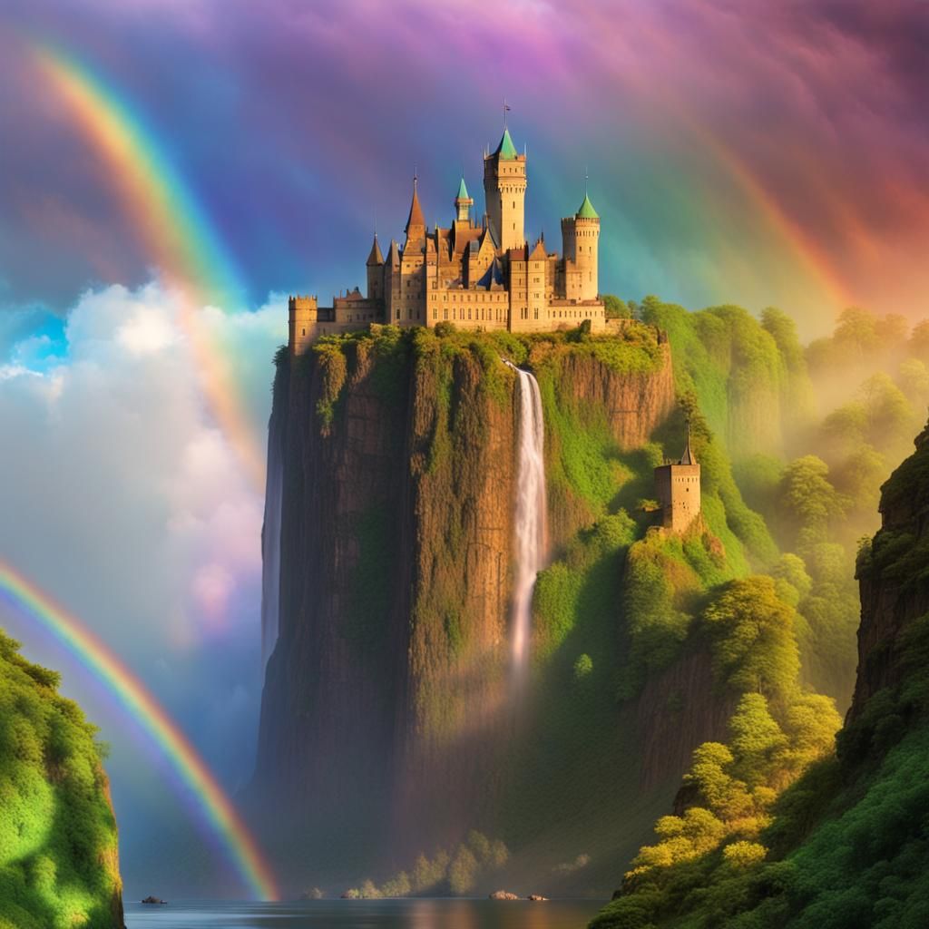Majestic Castle Floating Above Rainbow Waterfalls