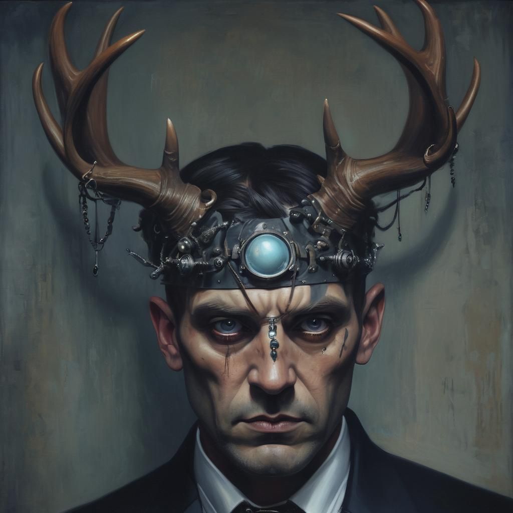 Gothic Dieselpunk Man with Antlers, Oil on Canvas
