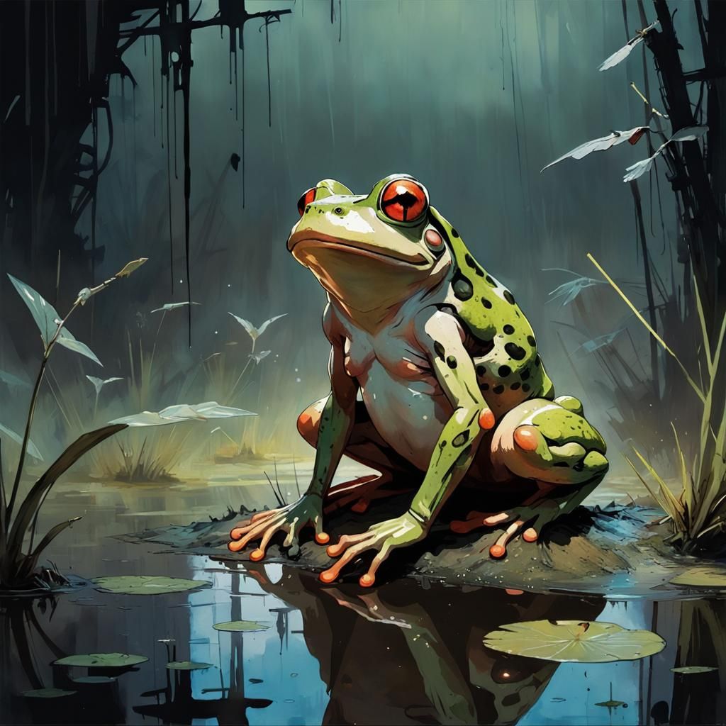Frowning Frog in Neon Cyberpunk Swamp