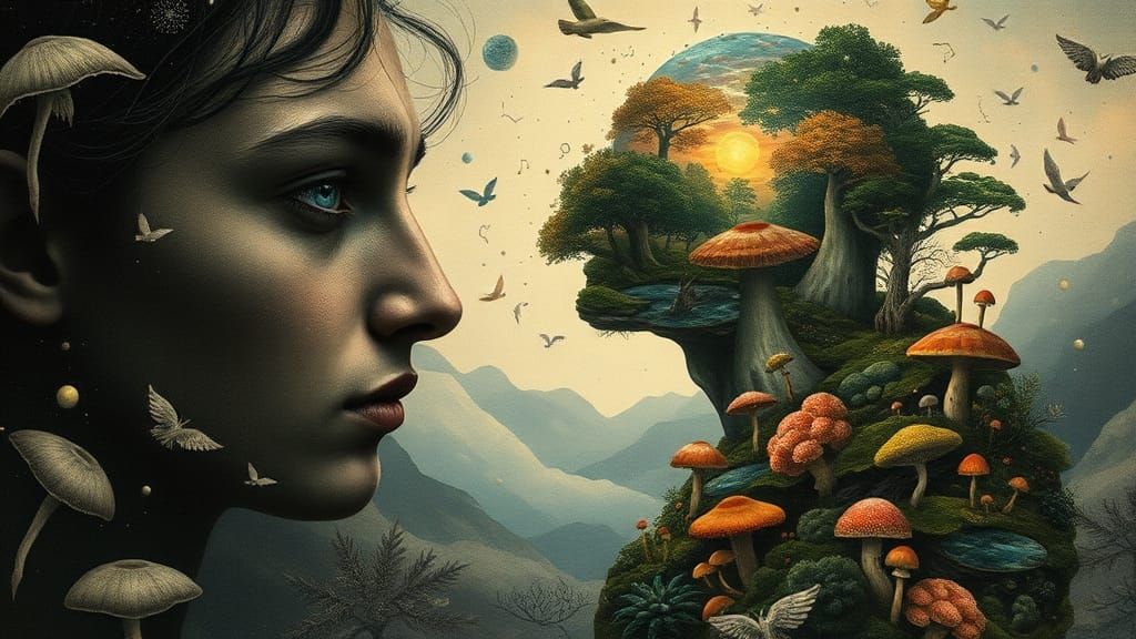 Ethereal Mindscape: Surreal Portrait in Mixed-Media Style