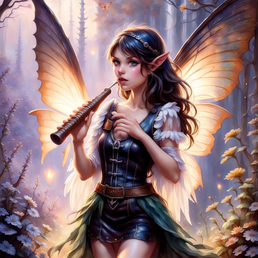Dark Aesthetic Pixie with Panflute in Ethereal Style