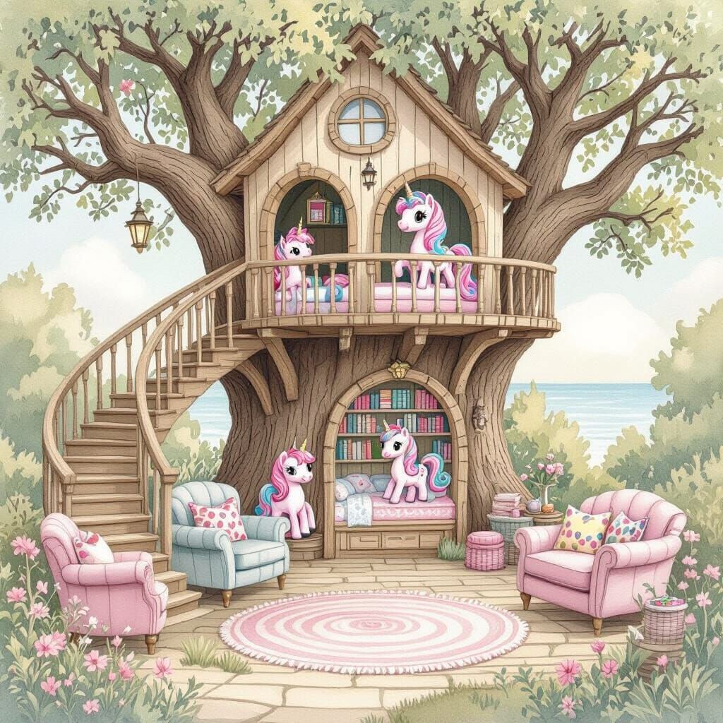 Whimsical Treehouse with Pony Bunk Beds, Watercolor Style