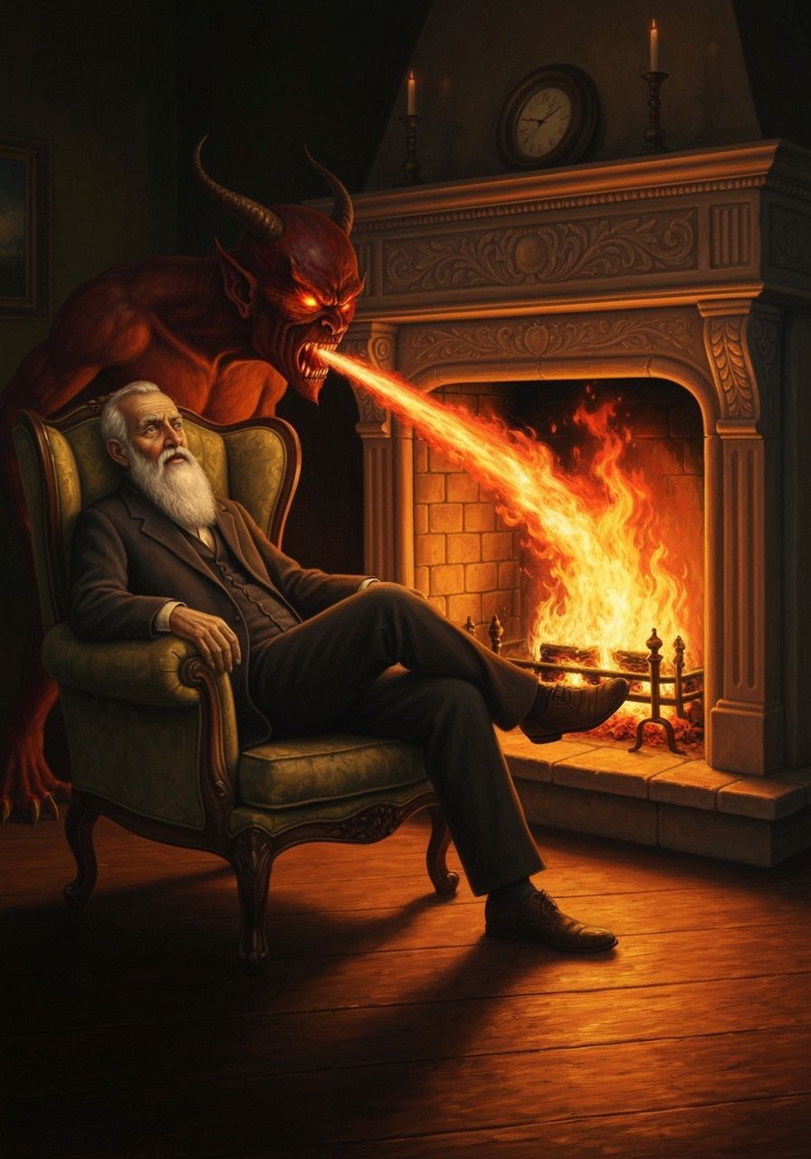 Surreal Wizard and Fire Demon Oil Painting