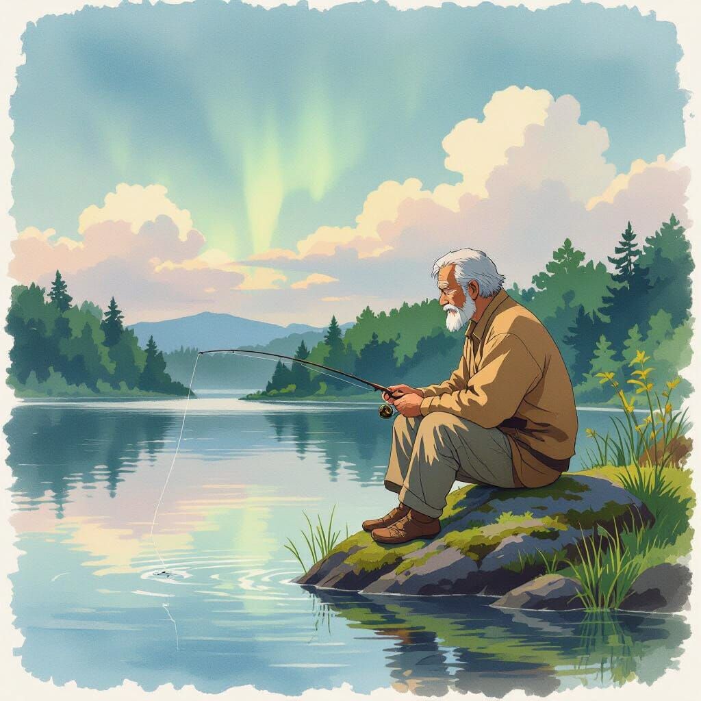 Elderly Fisherman by Serene Lake in Pastel Watercolor Style