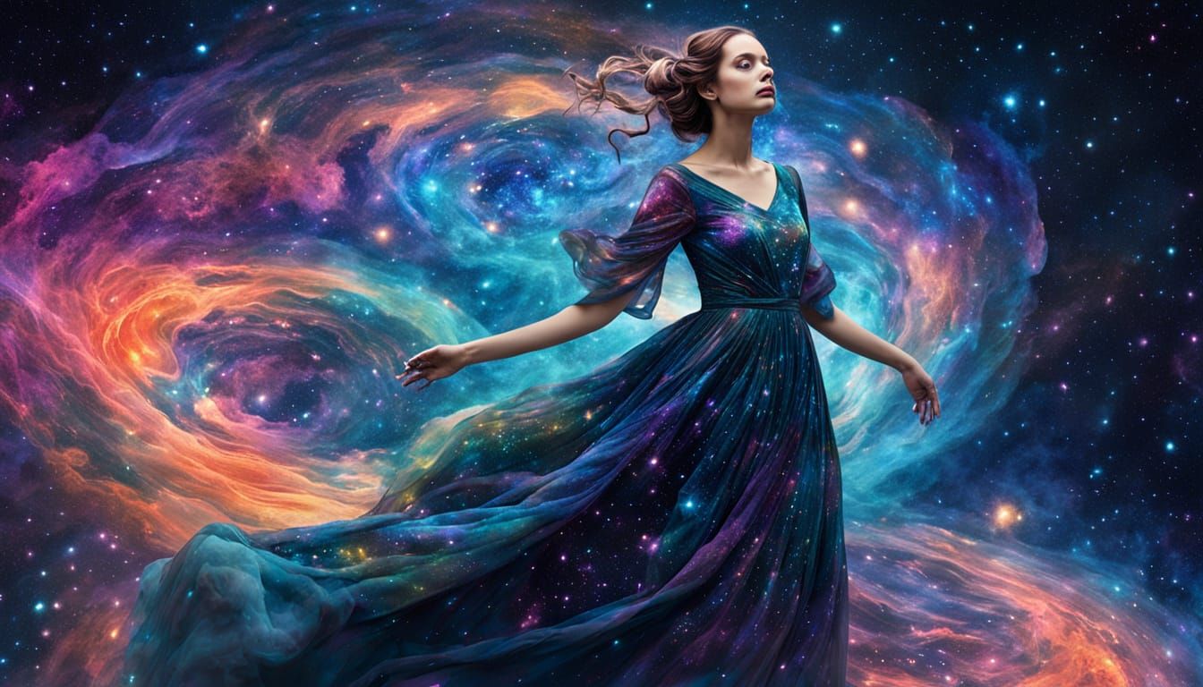 Cosmic Woman in Nebulae Gown Amidst Galaxies
