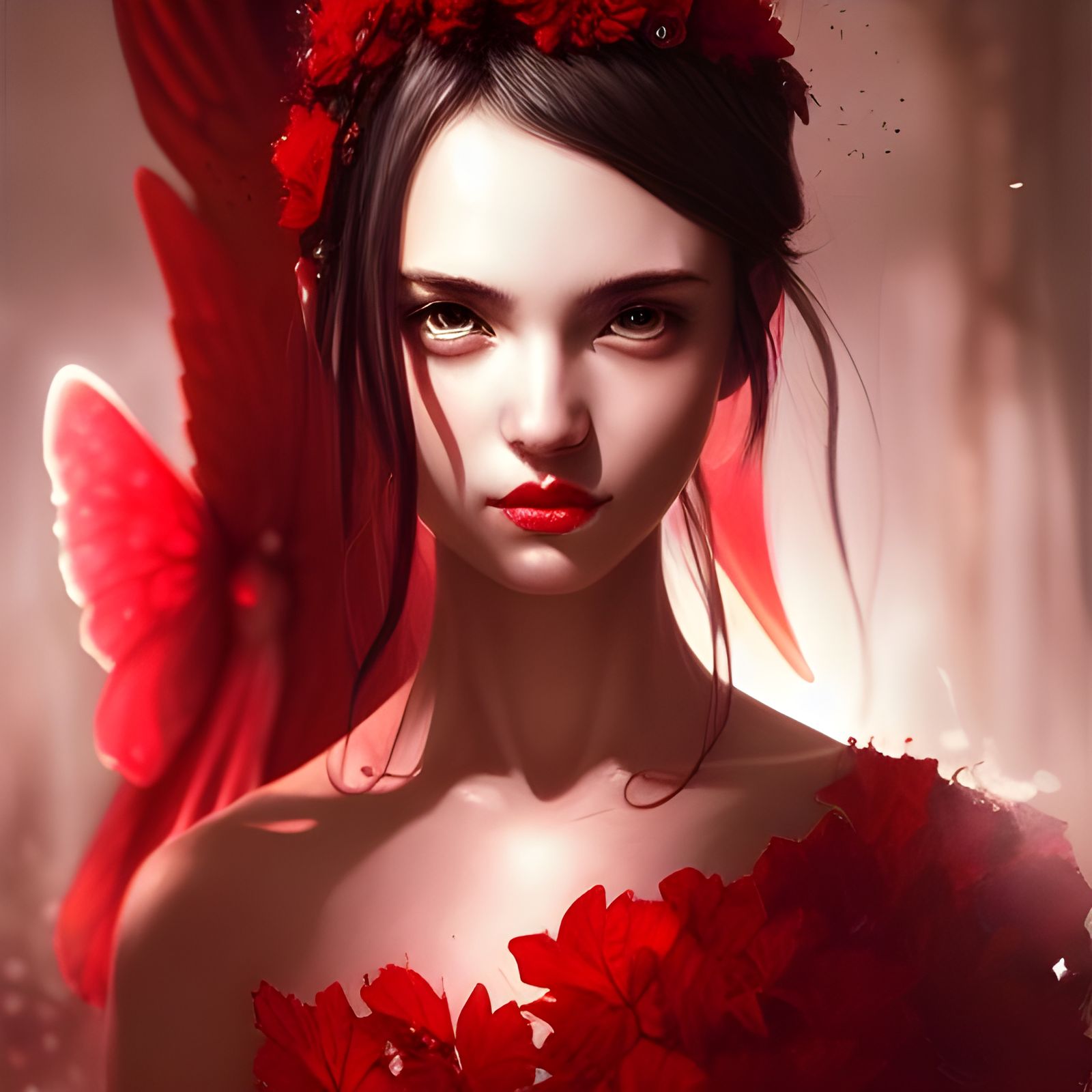 Pixie in Red Dress with Fireflies: Digital Art