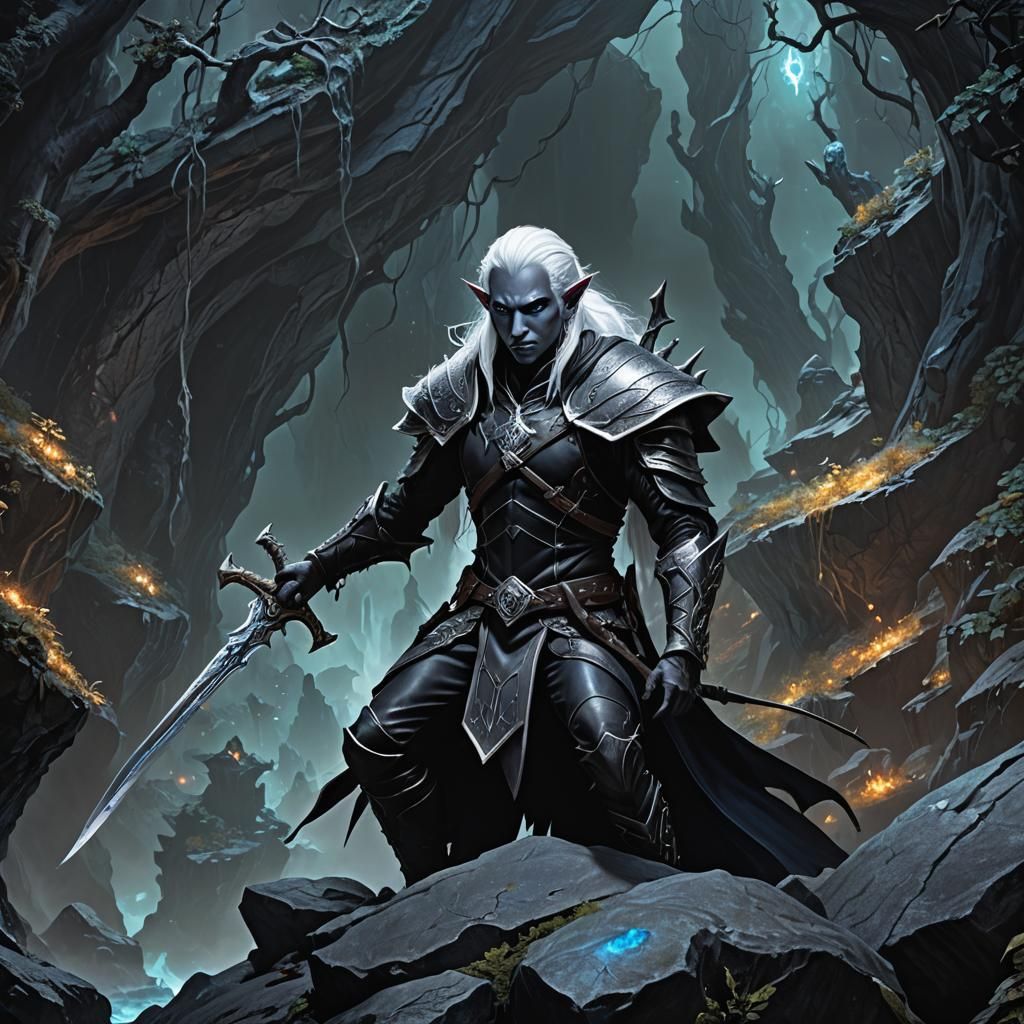 Drow Warrior in Bioluminescent Underdark Environment