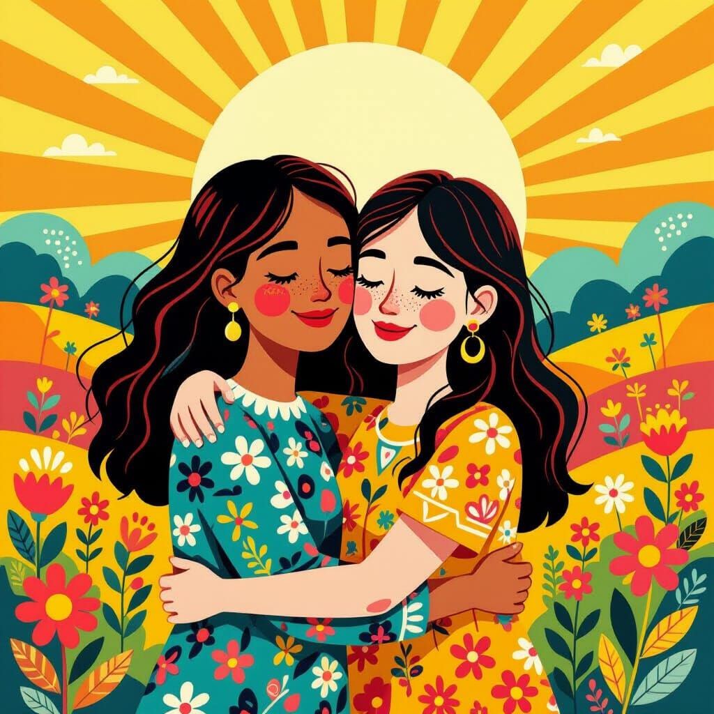 Friends Embracing in a Whimsical Landscape