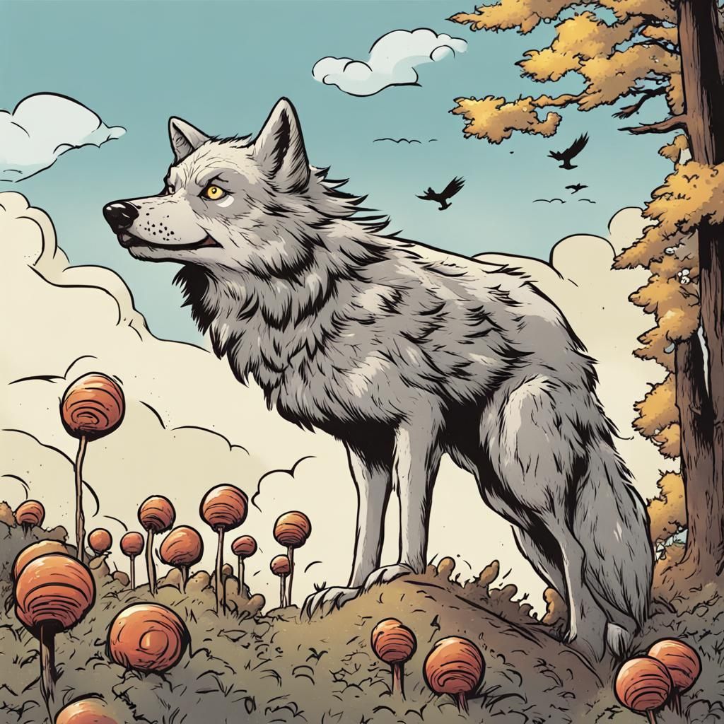 Eagle Carries Wolf Cub Licking Lollipop, Comic Style