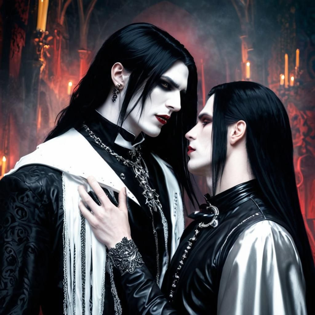 Gothic Gay Vampire Couple in Hyperrealistic Style