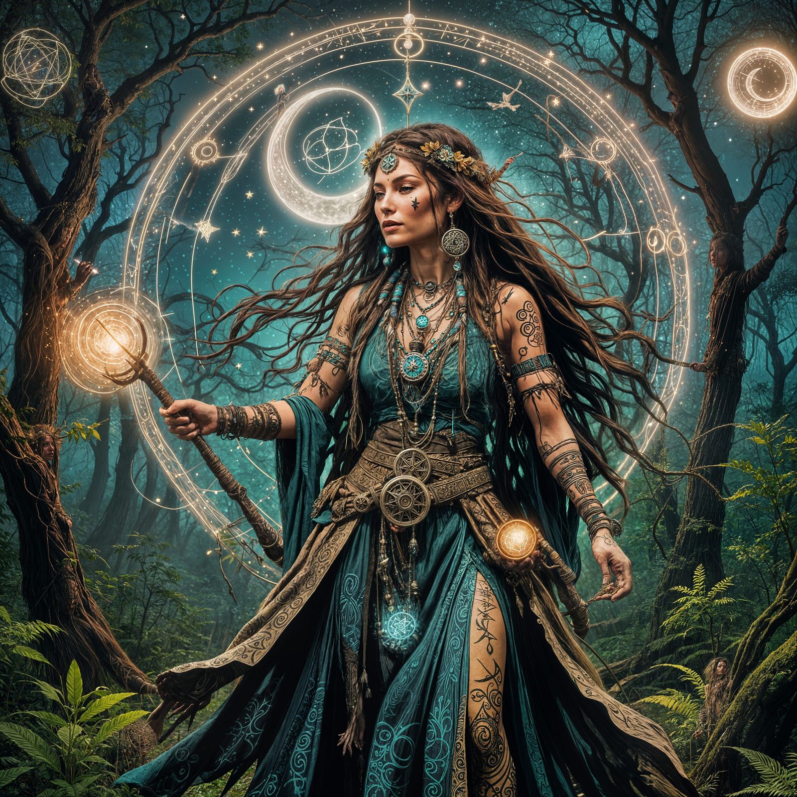 Sorceress Channeling Spell with Bioluminescent Symbols