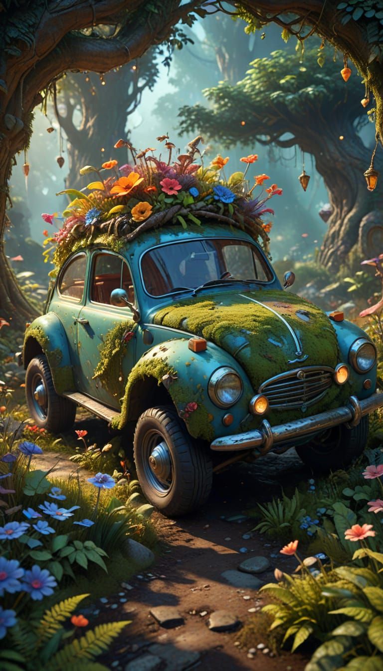 Cartoon Car in Fairy Garden: Digital Painting