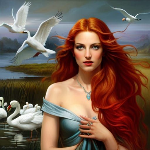 Goddess Danu Surrounded by Swans: Hyperrealistic Art