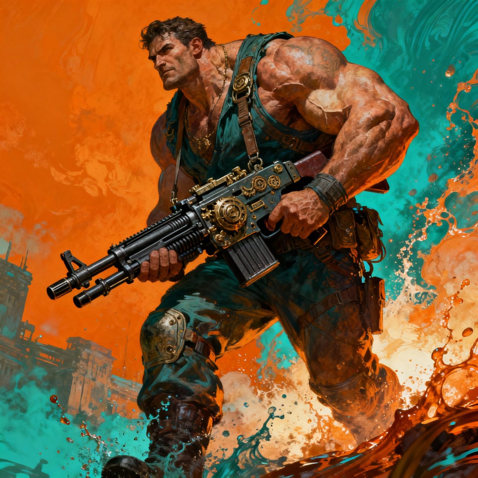 Muscular Man with Minigun in Concept Art Style