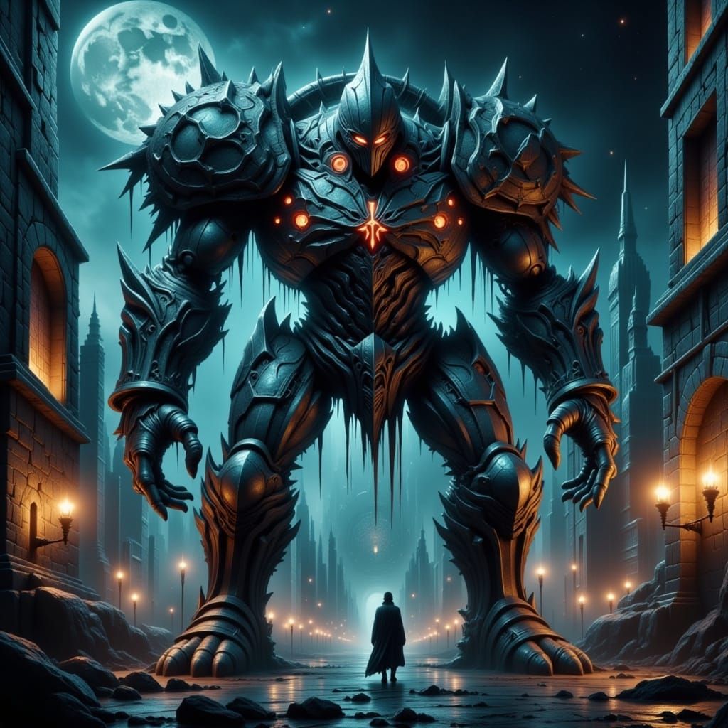 Armored Knight at Biomechanical Doorway in Sci-Fi Fantasy