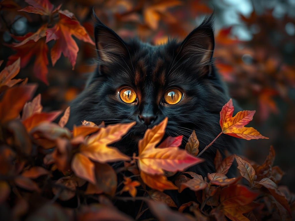 Magical Black Cat with Copper Eyes in Autumn Leaves