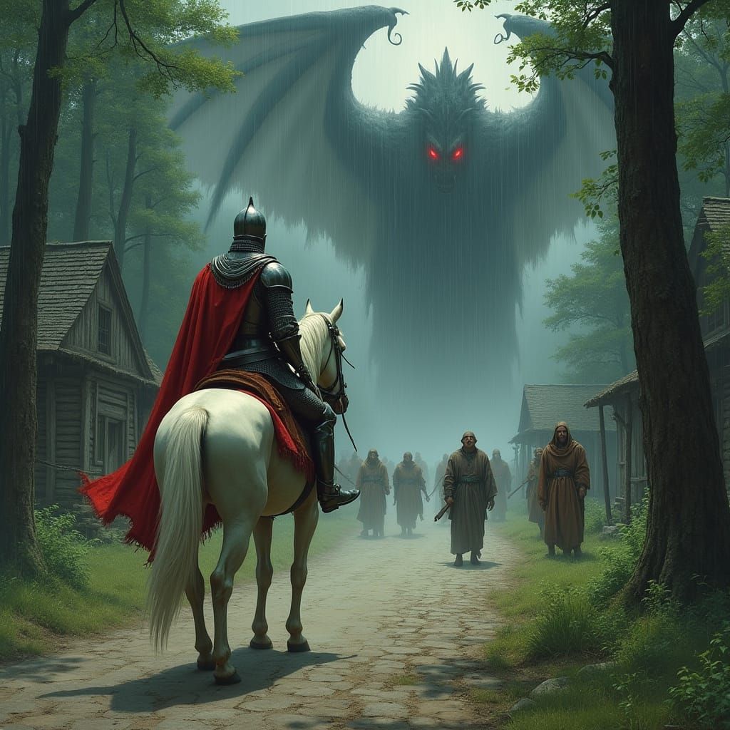 Knight in Crimson Armor Approaches Desolate Village