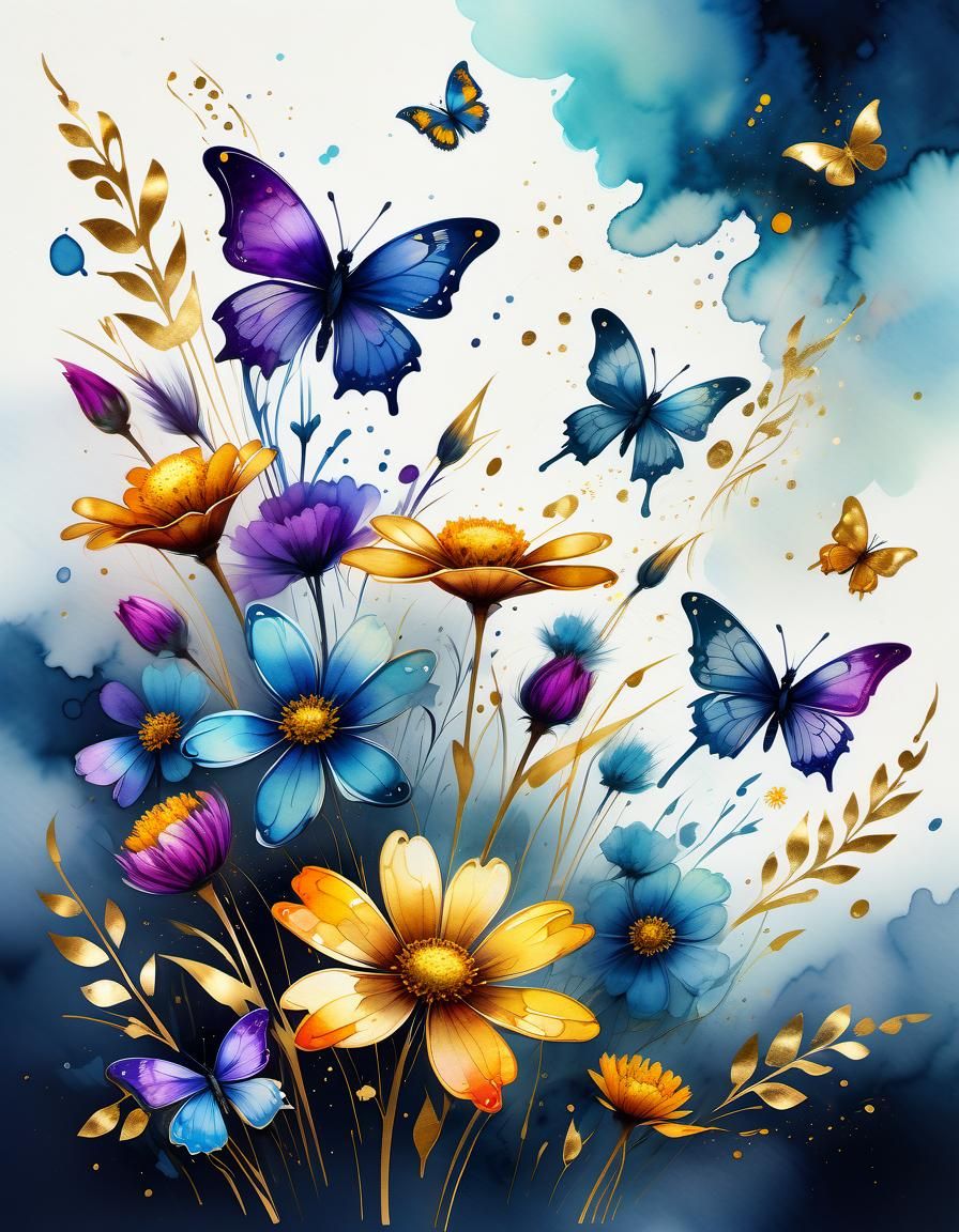 Wildflowers and Butterflies in Calligraphy Style