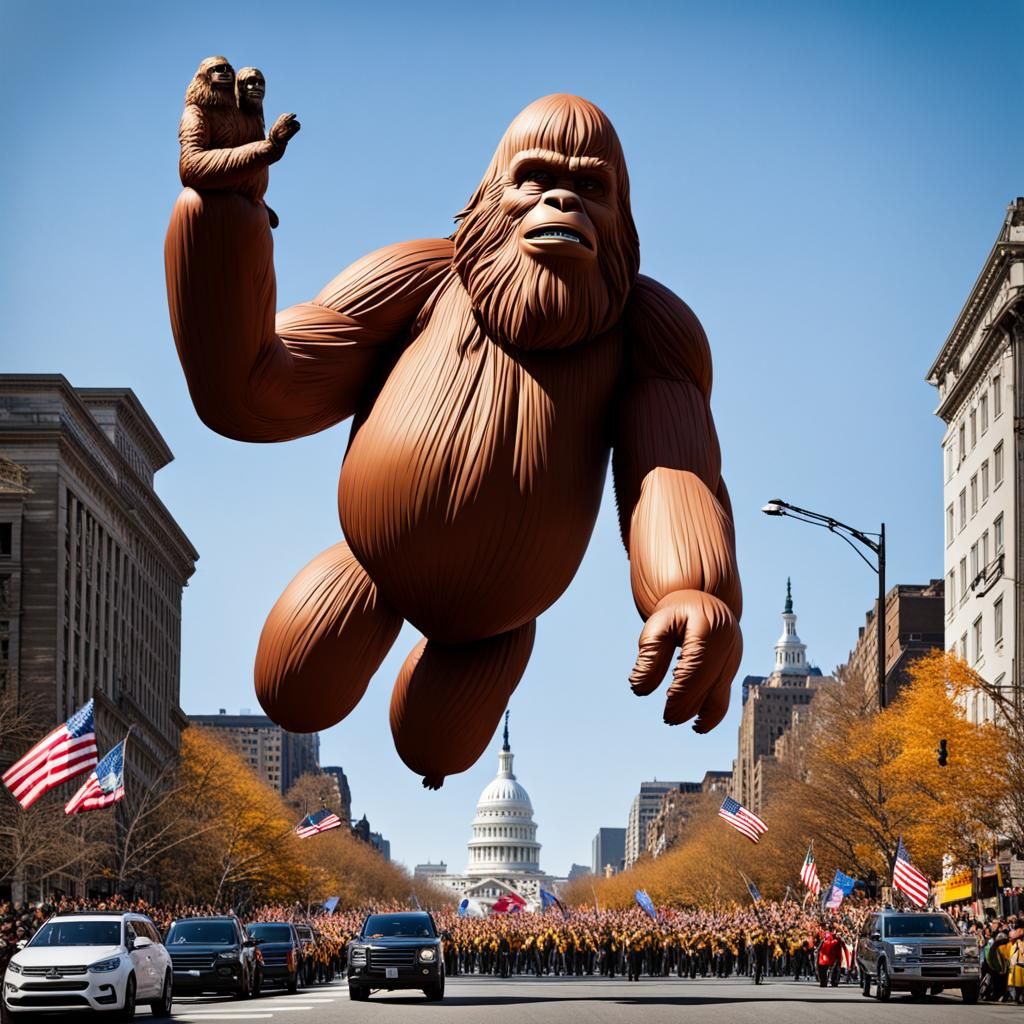A sasquatch as a giant parade balloon animal floating above the parade like a Macy's day parade balloon