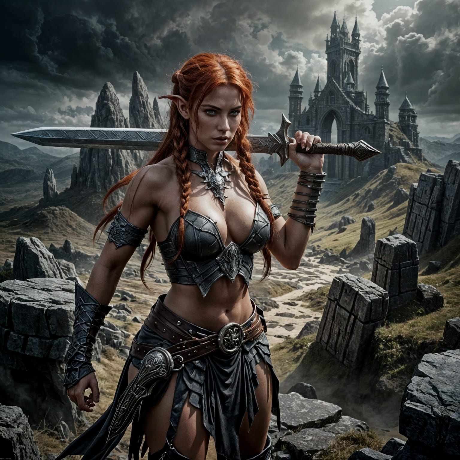 Gothic Elf Warrior in Medieval Megalith Site