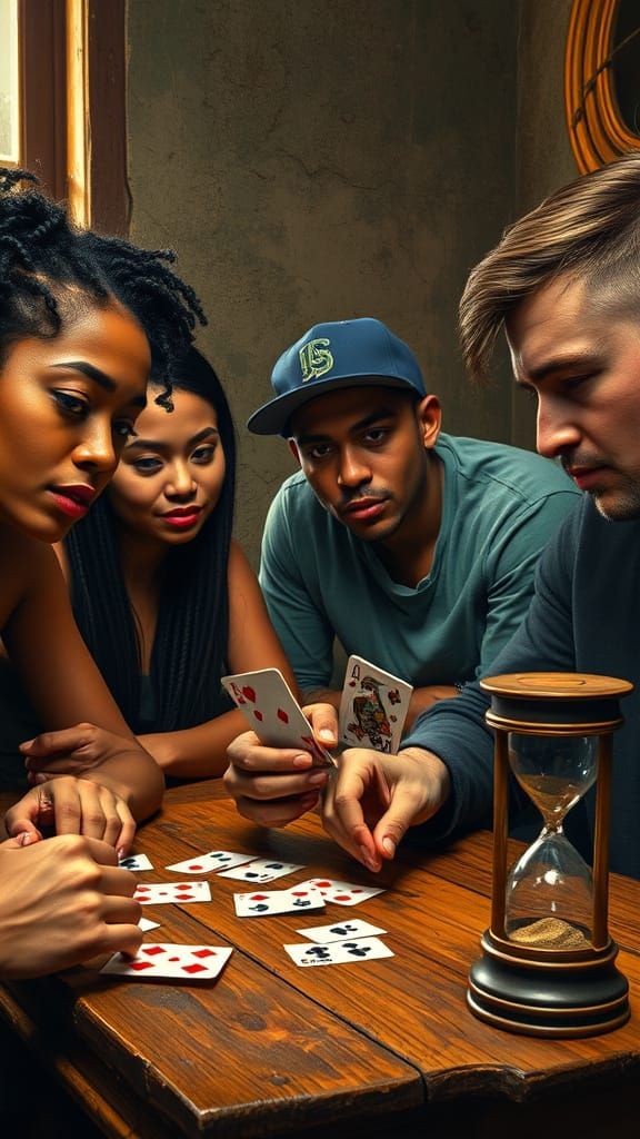 Young Adults Engage in High-Stakes Card Game in Vibrant Impr...
