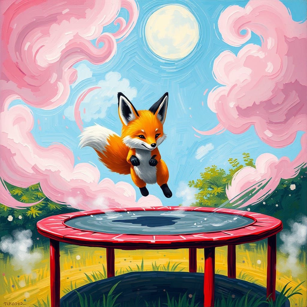 Fox Cub Bouncing: A Neo-Impressionist Acrylic Painting