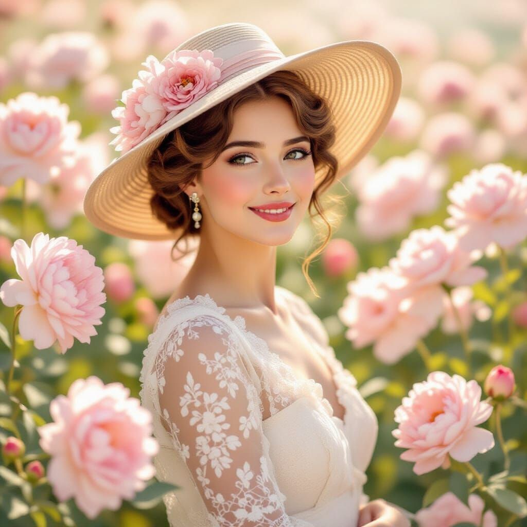 Elegant Woman in Peonies, Impressionistic Art Nouveau Style