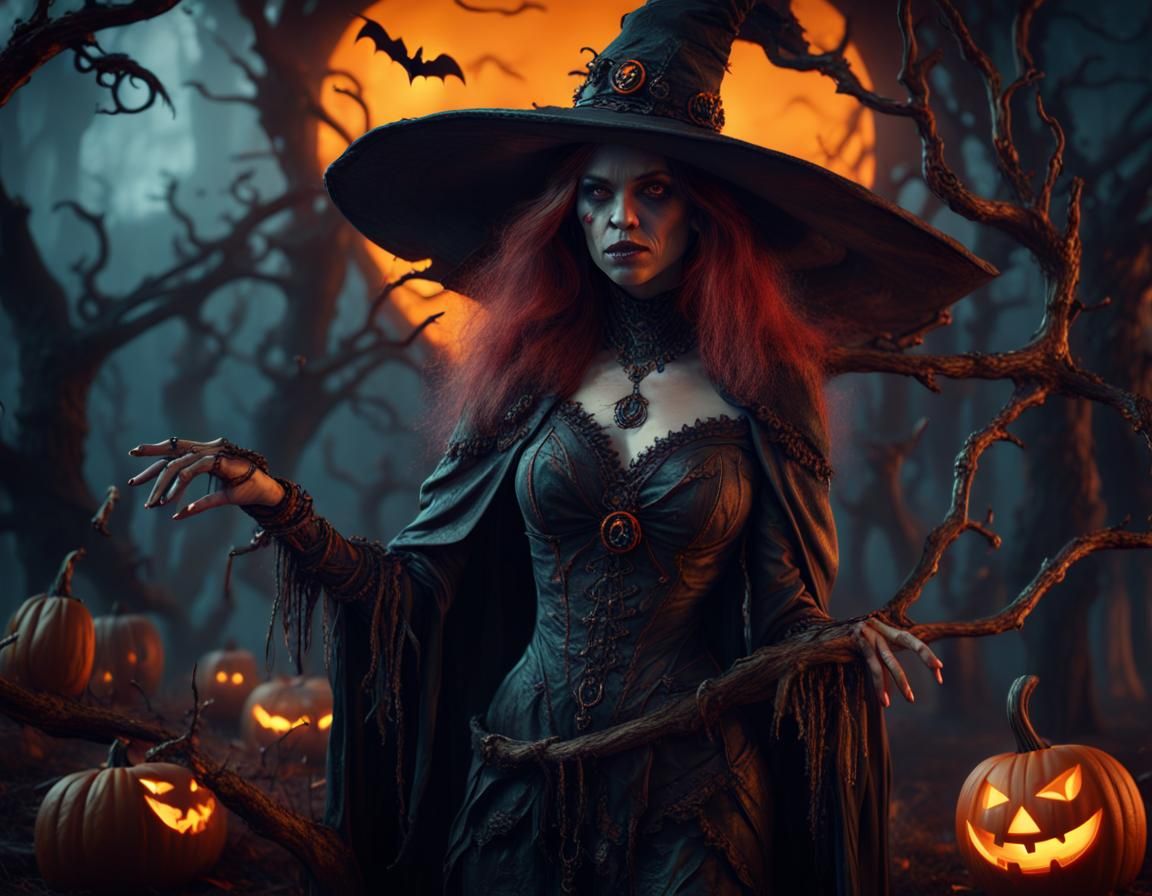 Hyperdetailed Sinister Witch in Halloween Scene