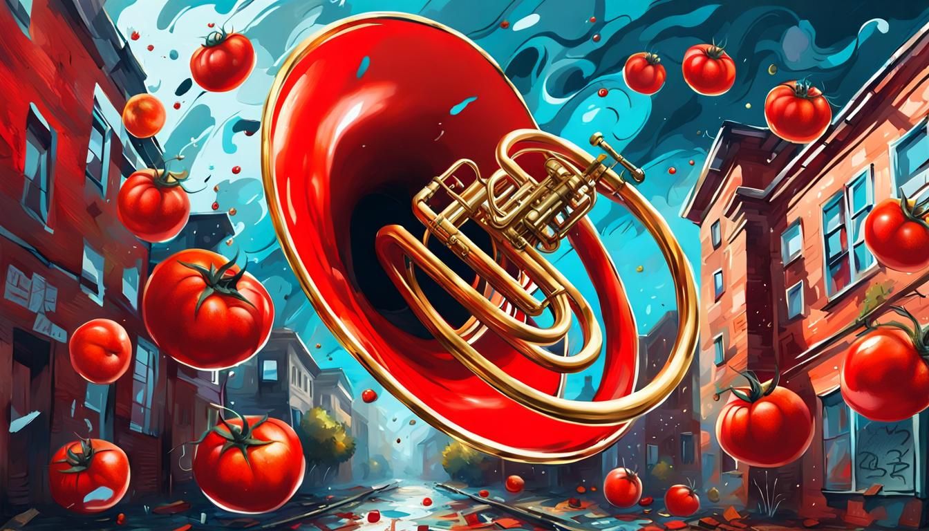 Tomatoes Bursting from Sousaphone in Graffiti Art Style
