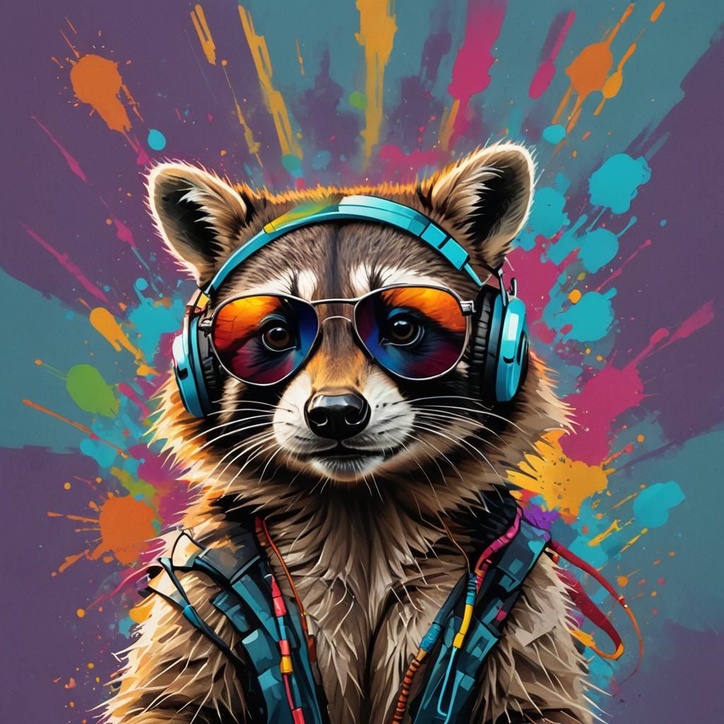 Hyperrealistic Raccoon with Headphones and Sunglasses