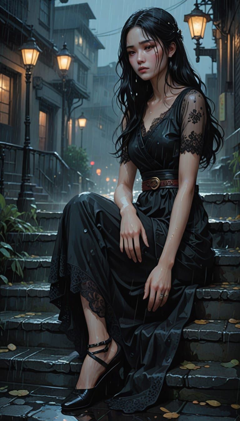 Elegant Gothic Woman on Rainy Steps, 8K Anime-Style Portrait