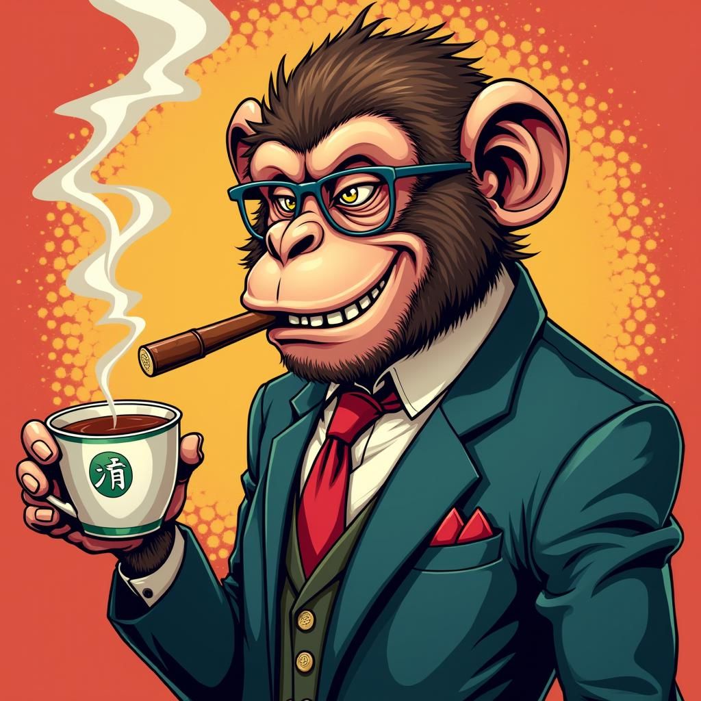 Anime-Inspired Monkey Enjoying Tea and Crypto
