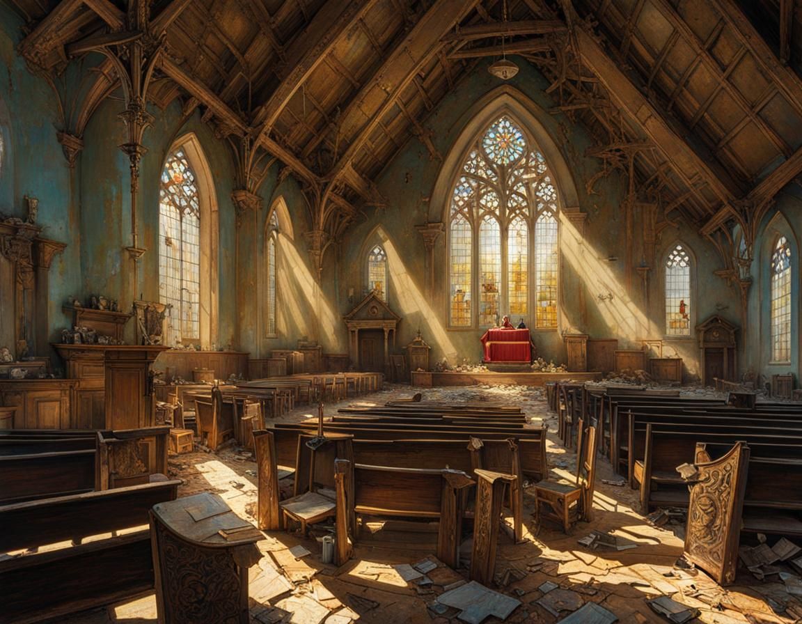 Abandoned Church Interior with Sunlight, Digital Art