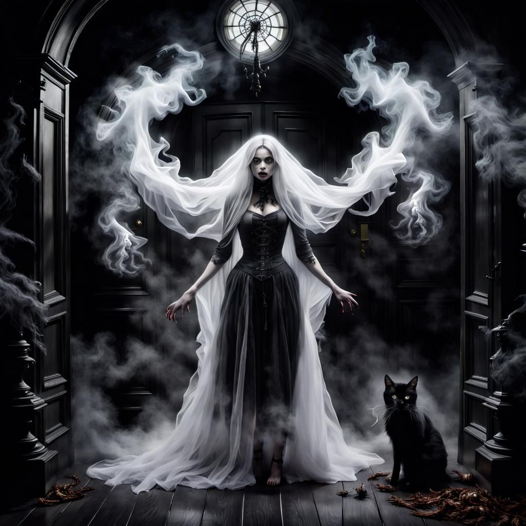 Steampunk Ghost with Roses and Cats in Gothic Setting