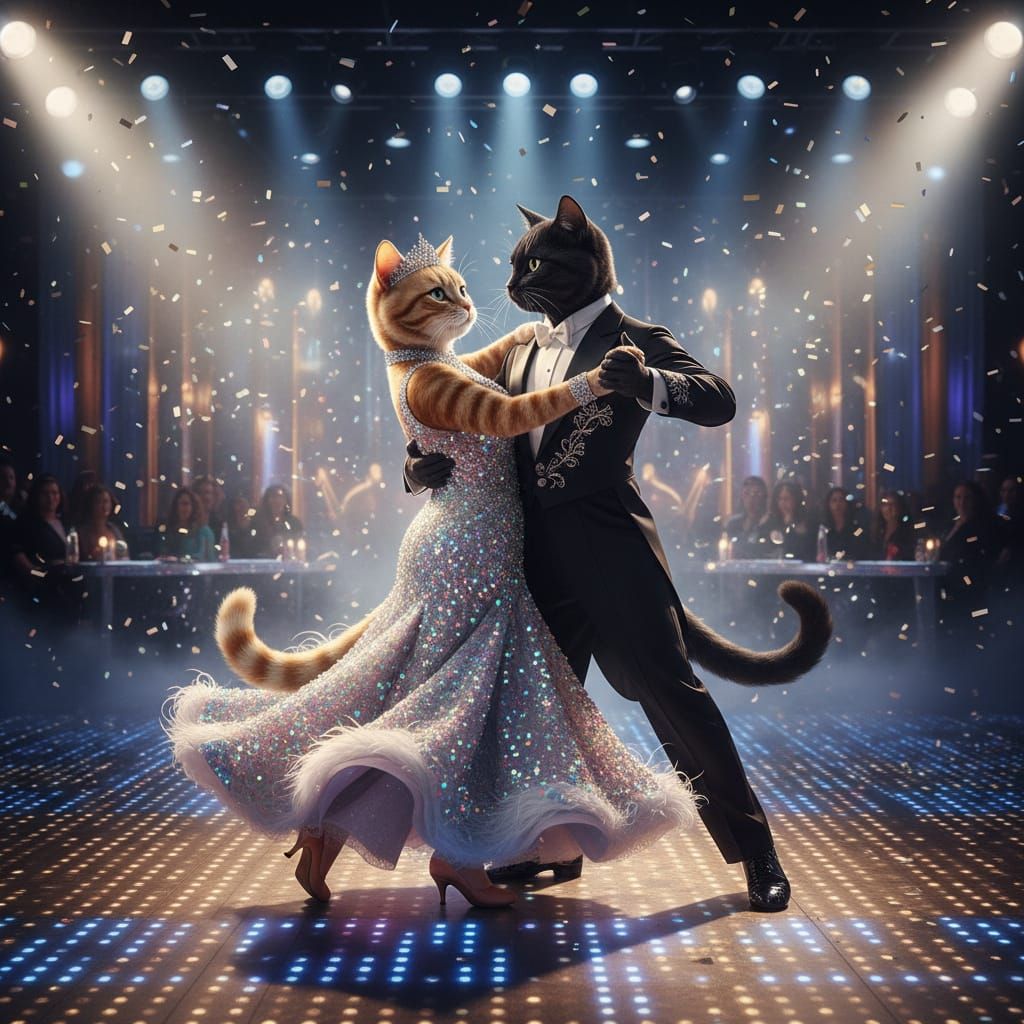 Elegant Cat Couple Dancing in Spotlight