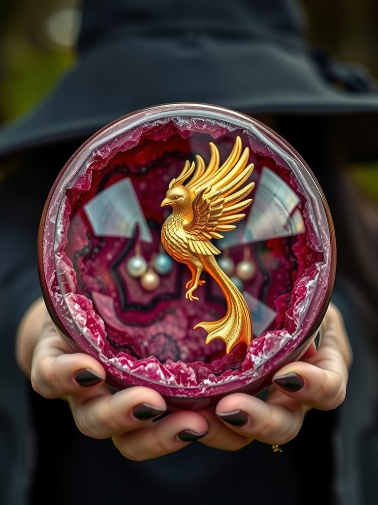 Gold Phoenix in Ruby Geode Crystal Ball