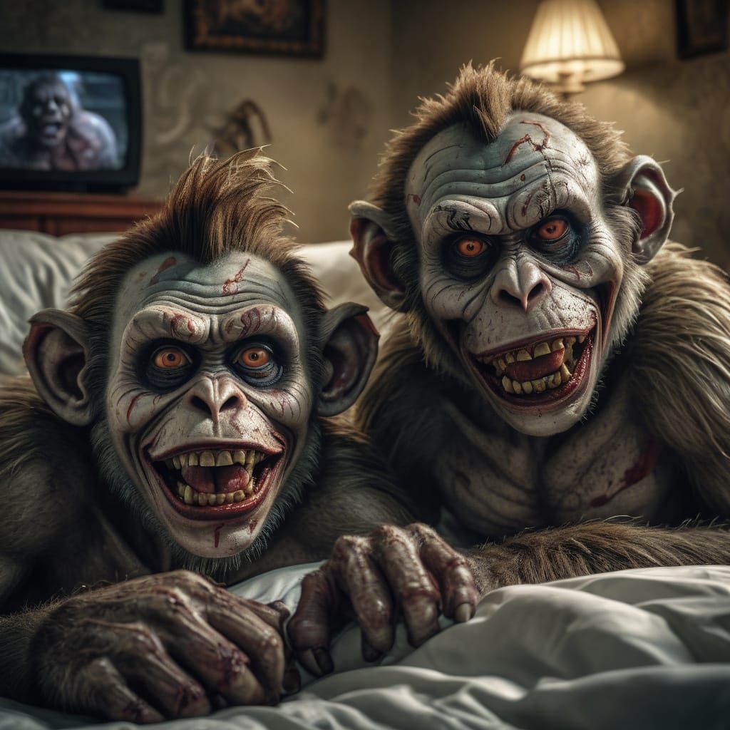 Zombie Monkey Clown Couple Watching TV