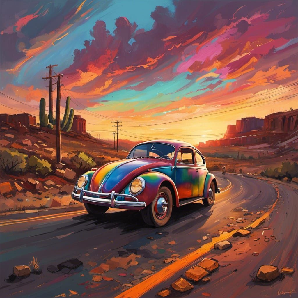 VW Beetle on Route 66 at Sunset