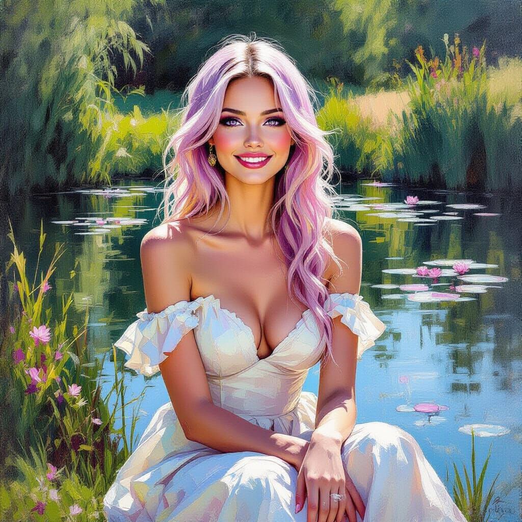 Pink Haired Woman by Pond in Neo-Impressionist Style