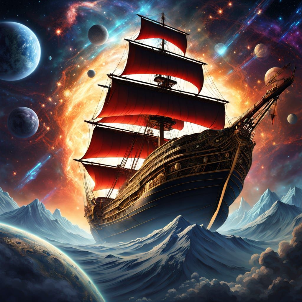 Golden Celestial Ship Soars Through Starry Cosmos