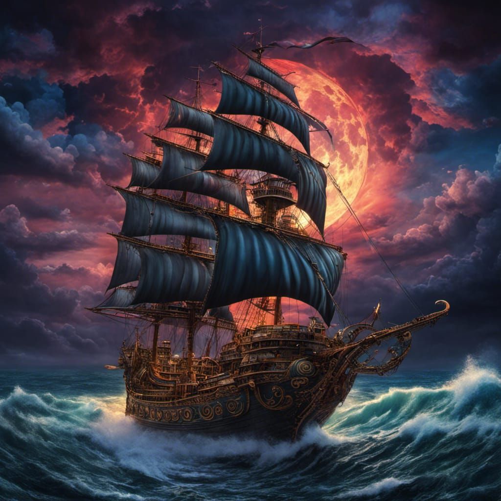 Gothic Ship at Sunset in Tim Burton Style