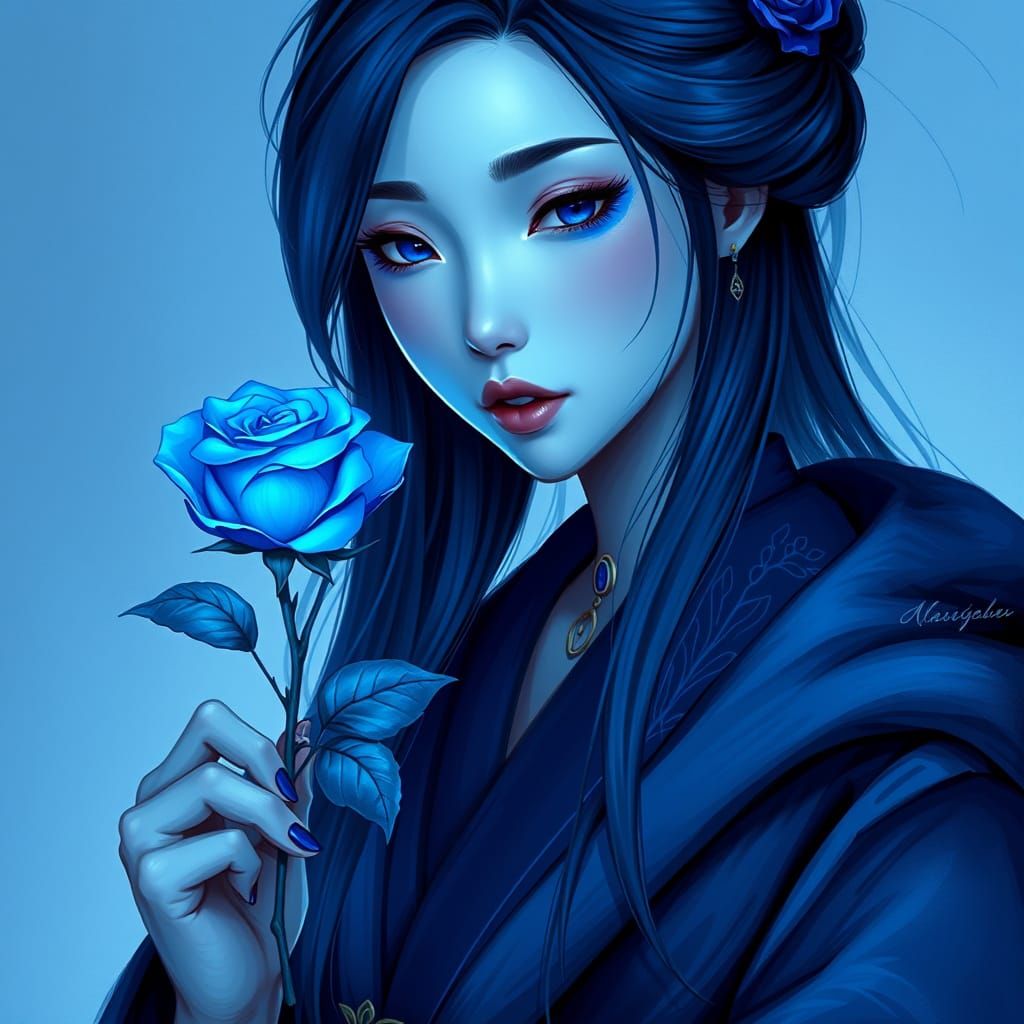 Blue Woman Holding Glowing Blue Rose in Digital Painting
