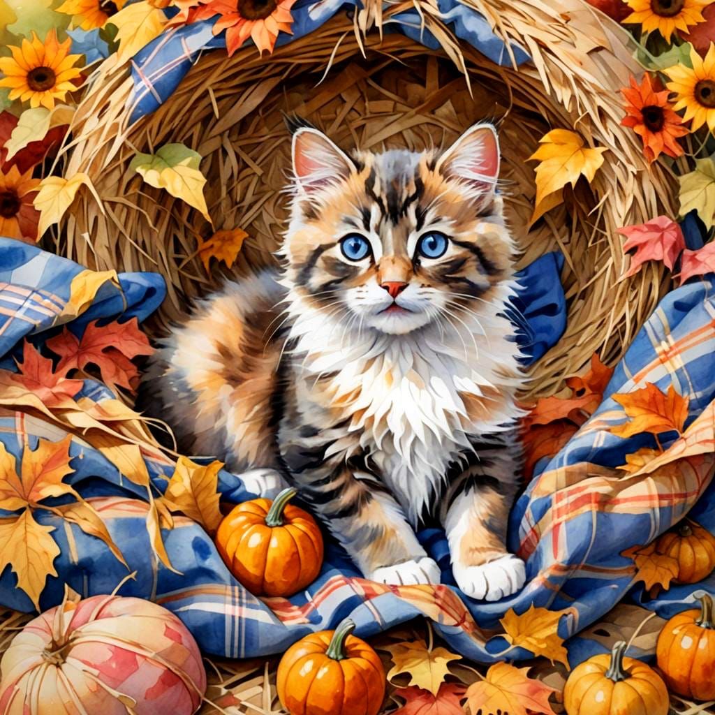 Cute Kitten in Autumn Watercolor Landscape