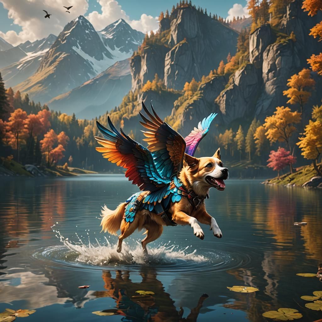 Flying Dog with Wings over Lake, Fantasy Art