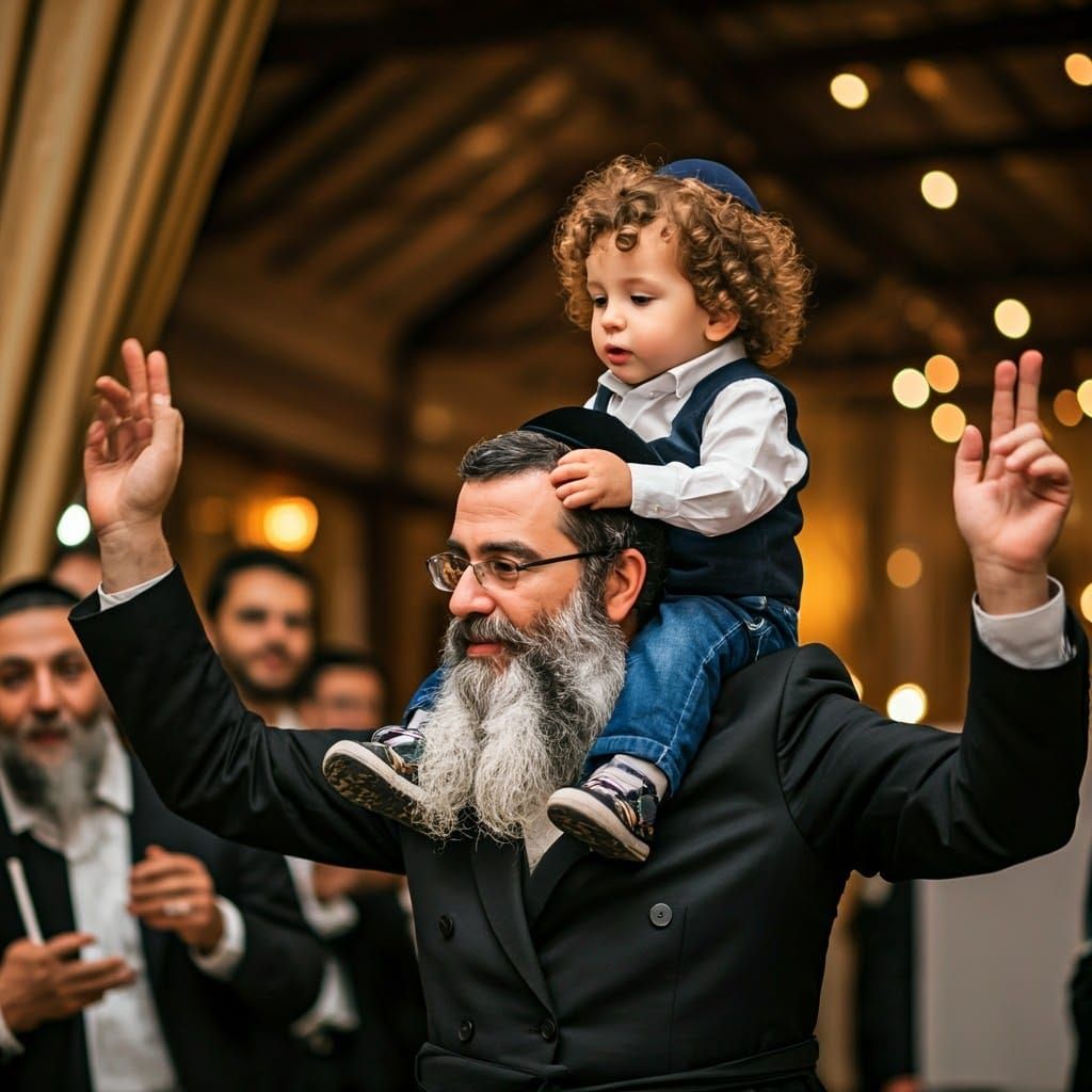 A Haredi Hasidic Father Dances with Joy in Traditional Attir...