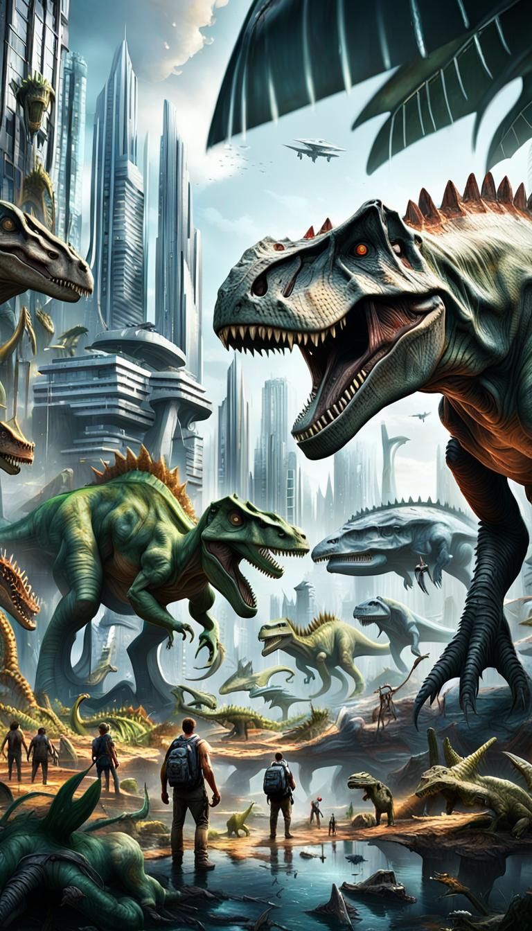 Futuristic City Meets Prehistoric Jungle: Hyperrealistic Con...
